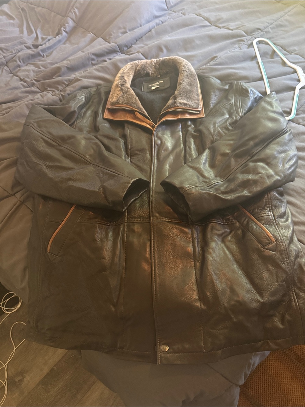 Men's Dark Brown Leather Bomber Jacket with Shearling Collar
